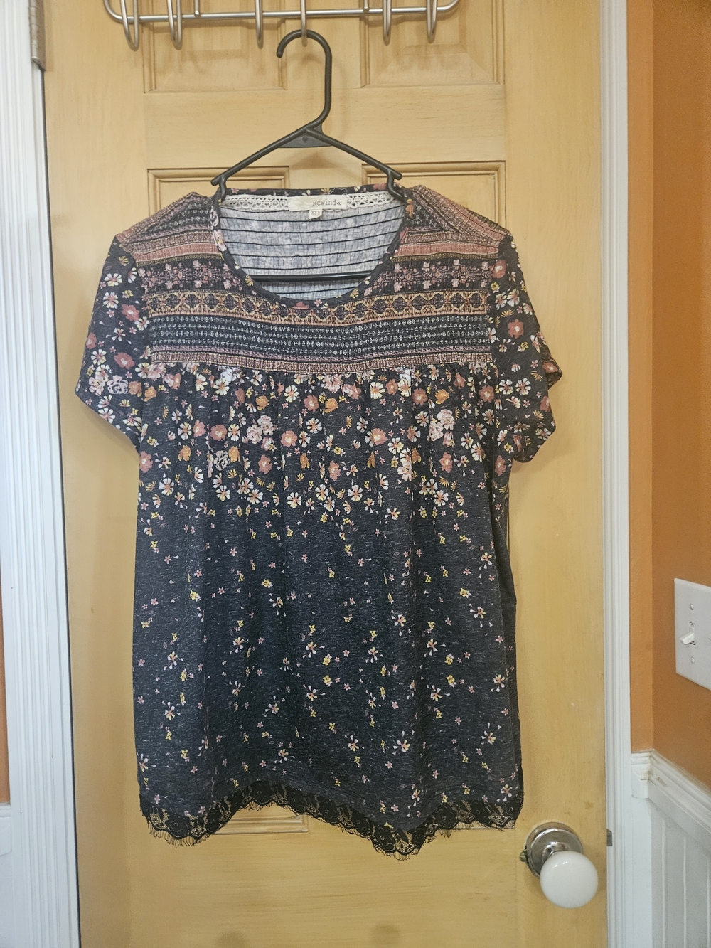 Rewind Black Floral Short Sleeve Peasant Top